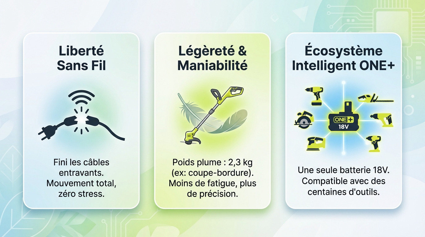 Batterie Ryobi ONE+ compatible avec le coupe-bordures et toute la gamme d'outils 18V
