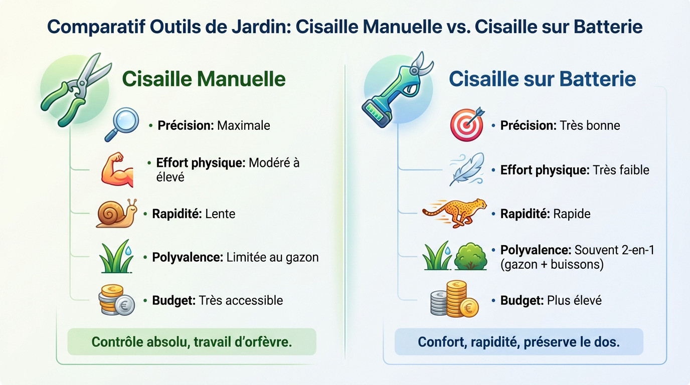 Comparatif visuel entre une cisaille à gazon manuelle et un modèle sur batterie pour l'entretien du jardin