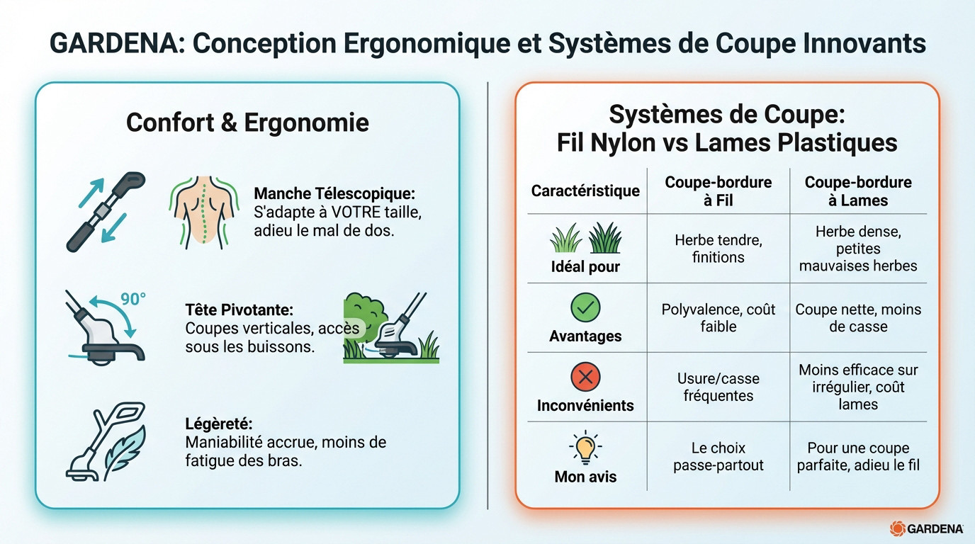Conception ergonomique et systèmes de coupe du coupe-bordures Gardena