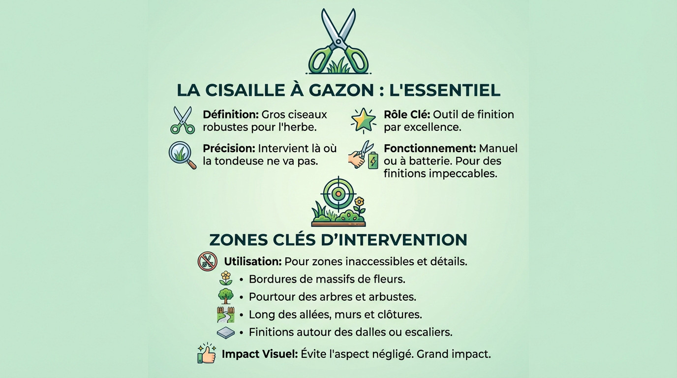 Infographie présentant l'essentiel à savoir sur la cisaille à gazon et son utilisation au jardin
