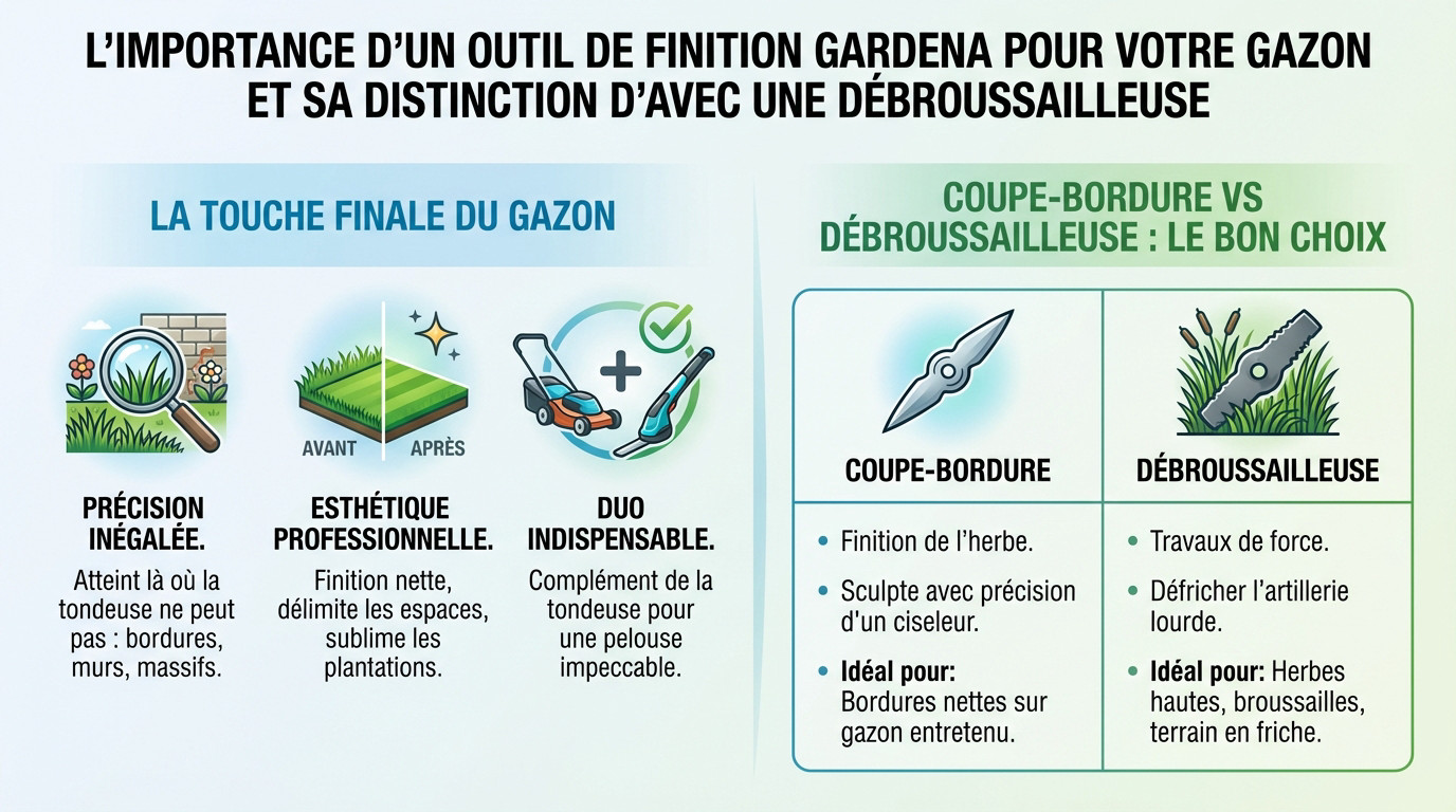 Coupe-bordures Gardena assurant une finition précise le long d'une allée de jardin