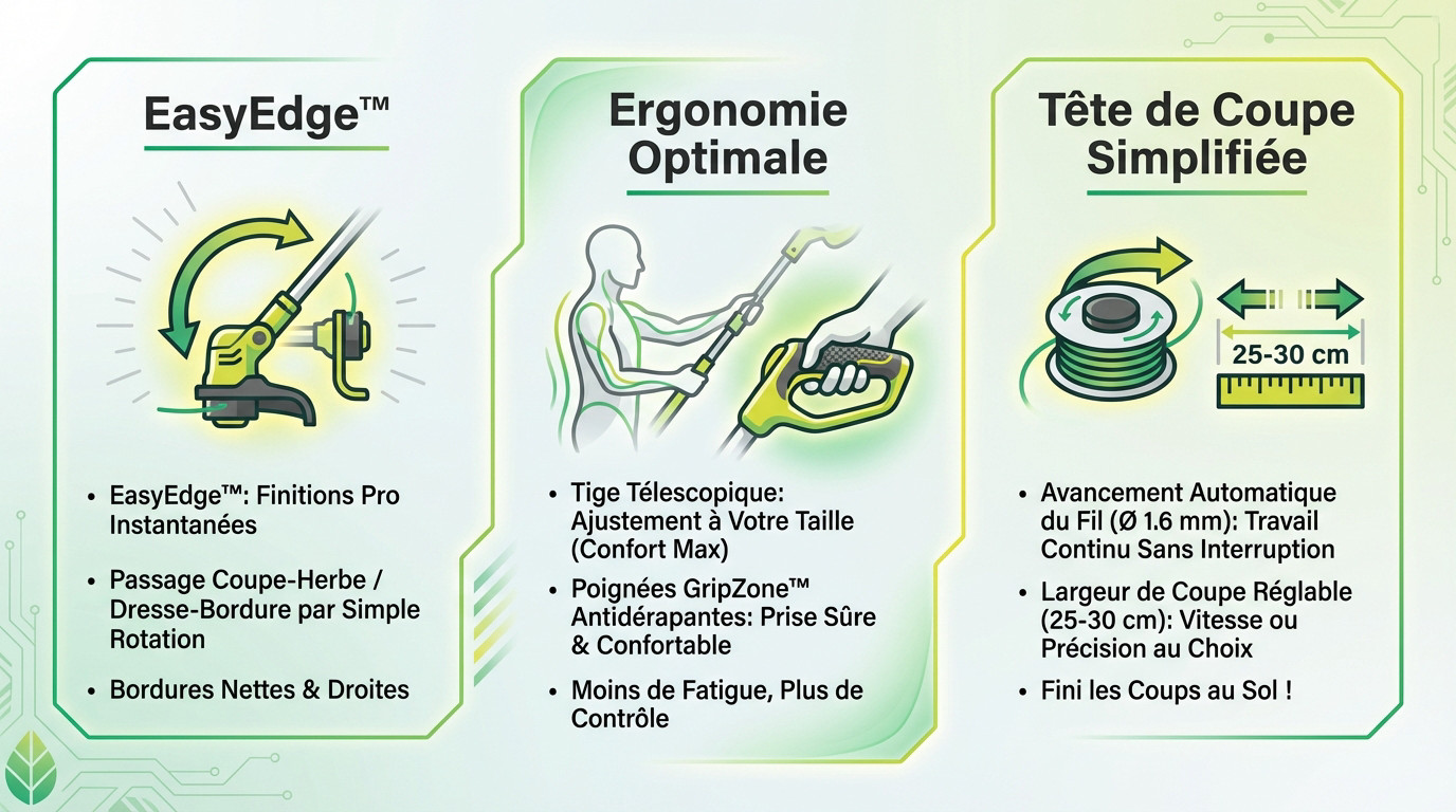 Jardinier utilisant un coupe-bordures Ryobi avec poignée ergonomique GripZone pour des finitions nettes