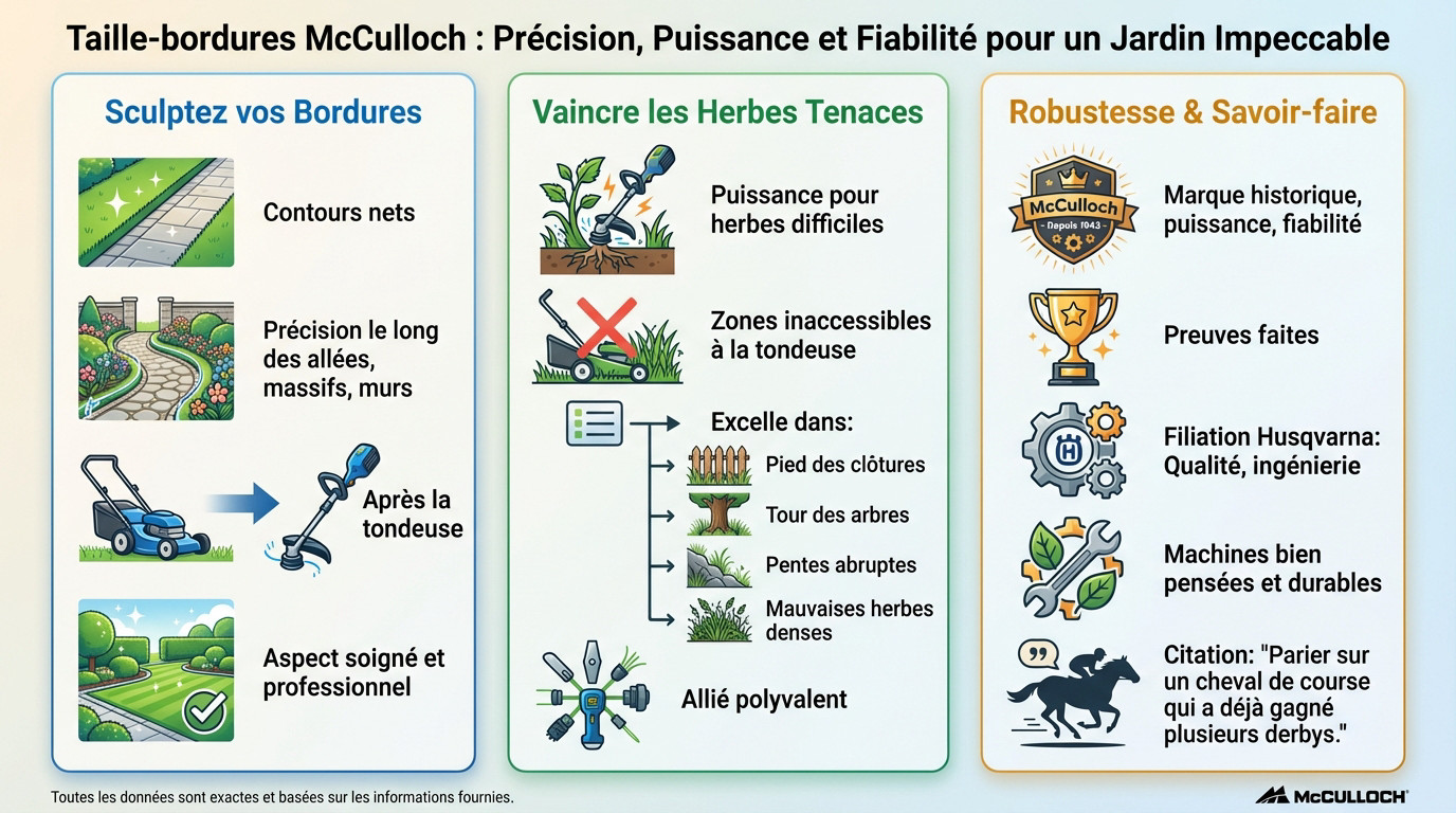 Jardinier utilisant un coupe-bordures McCulloch pour des finitions précises le long d'une allée verdoyante